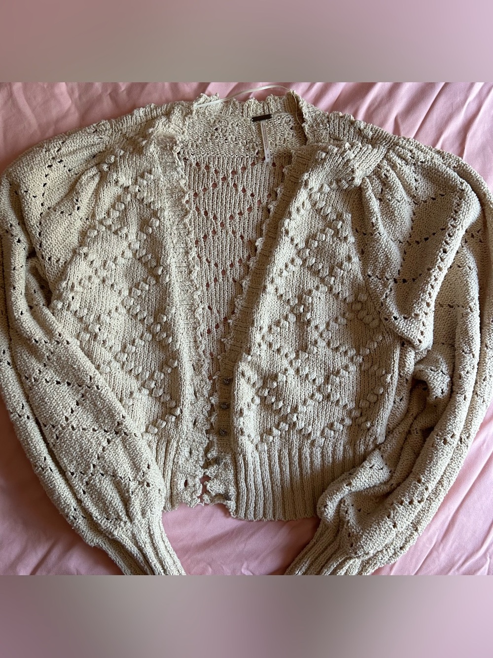 Free People Cream Open-Knit Puff Sleeve Cardigan